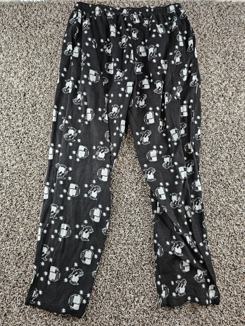 Lucky Brand Mens Sz L Fleece Pajama Pants Black White Beer Penguin Print